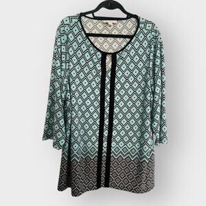 Emaline Woman Top 1X Pullover Tunic Aqua Keyhole Scoop Neck 3/4 Sleeve Stretch